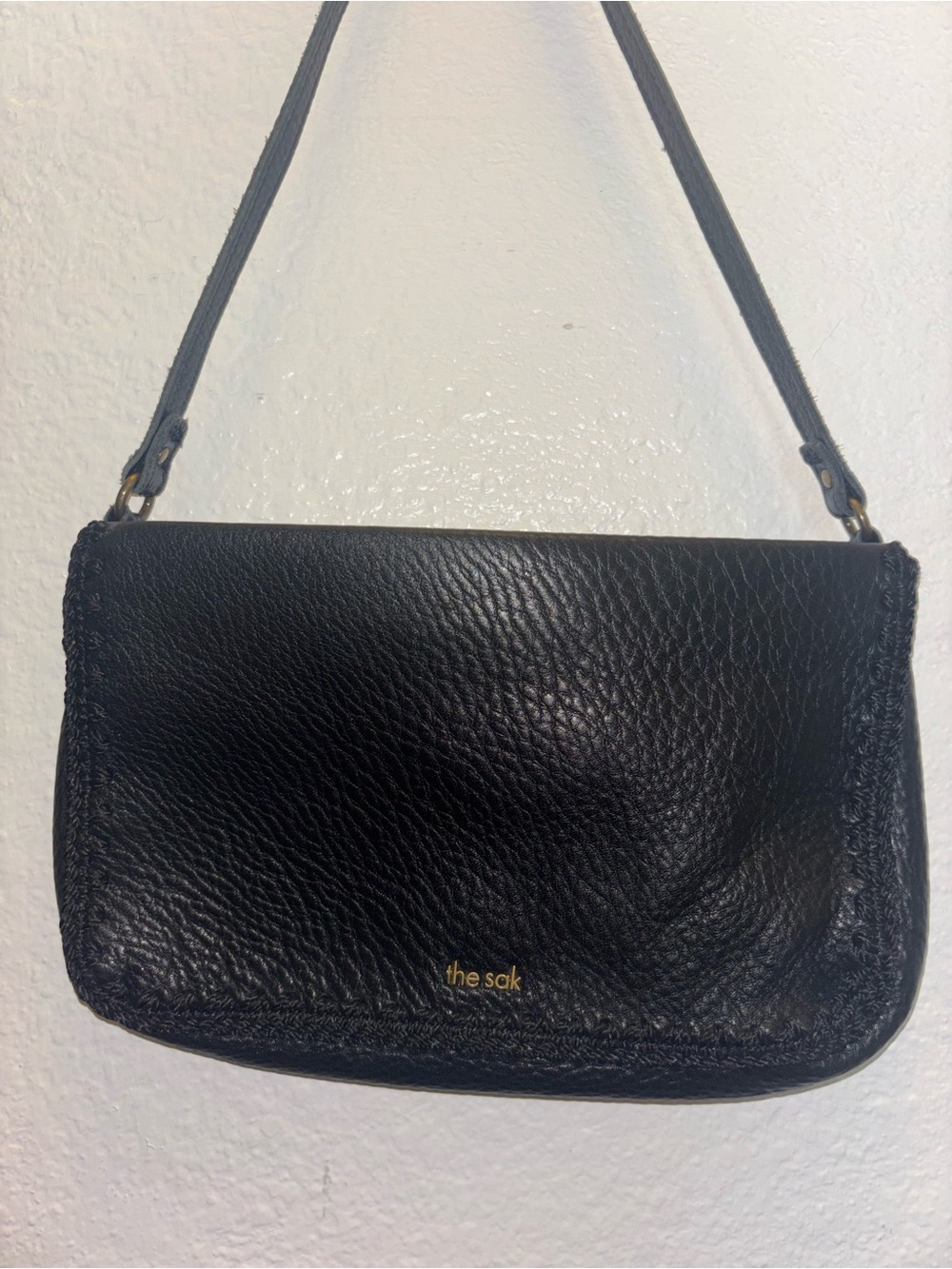 The Sak Black Genuine Pebbled Leather Crossbody With Crochet Trim Shoulder Bag